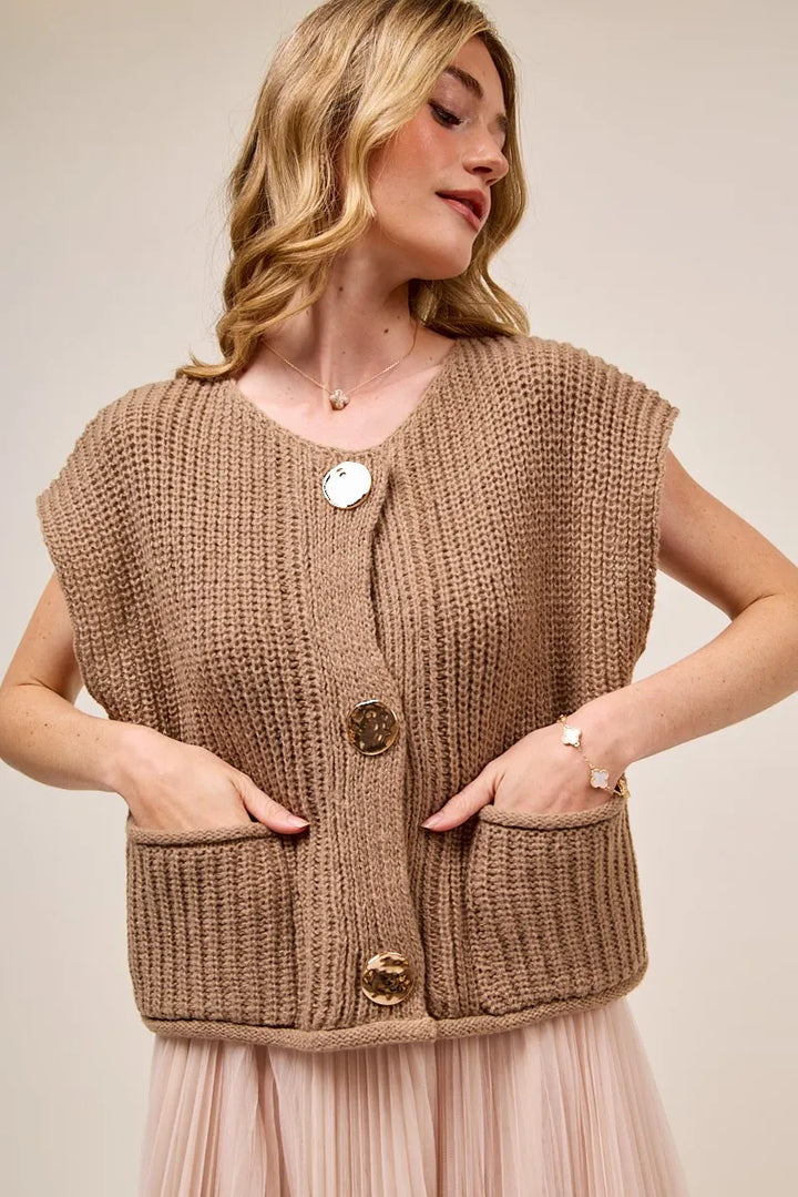 Coffee So Me Big Metal Button Front Sweater Vest