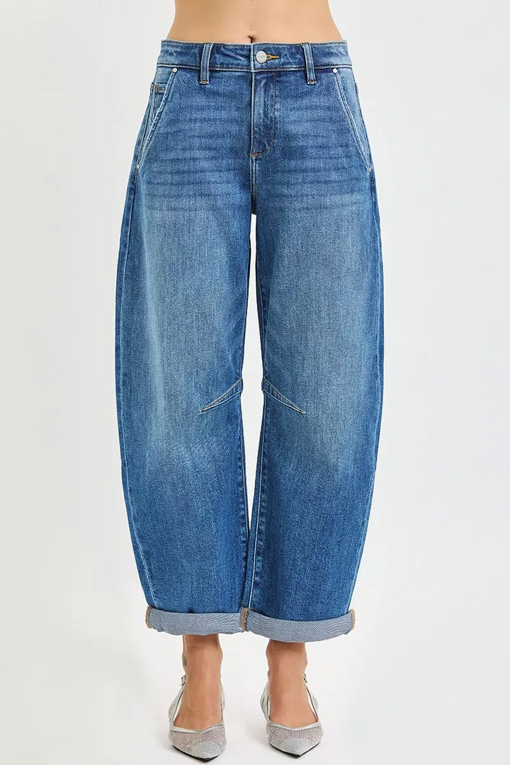 Medium Risen Slouchy Cropped Barrel Jeans With Cuffed Hem