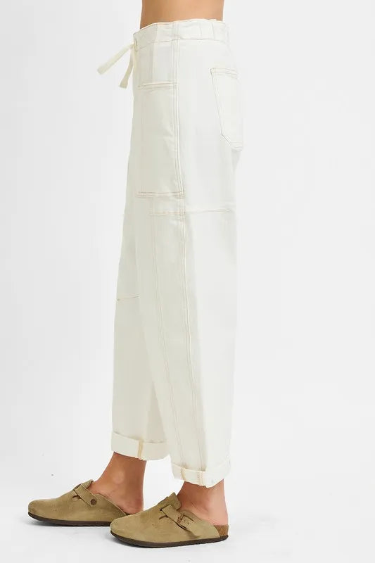 Cream Risen Full Size High Rise Crop Wide Barrel Cargo Pocket Jeans Plus Size