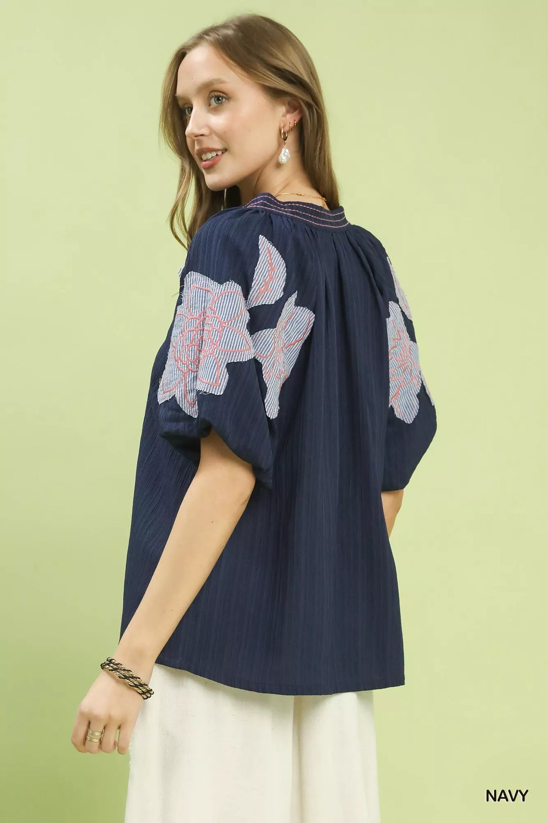 Navy Umgee Embroidered Balloon Sleeve Notch Neck Blouse
