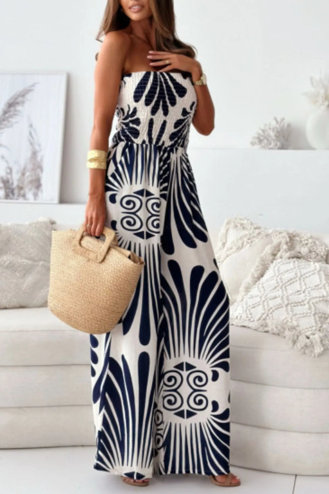 Camel Printed Smocked Tube Wide Leg Jumpsuit