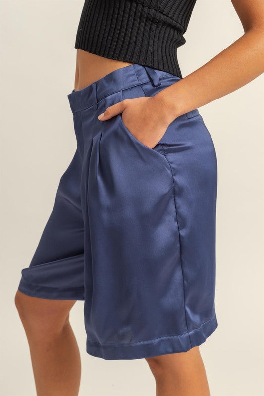 Dusty Blue Hyfve High Waist Pleated Satin Shorts