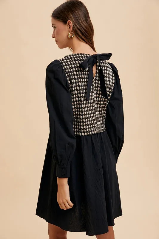 Black Annie Wear Tie Back Plaid Round Neck Mini Dress