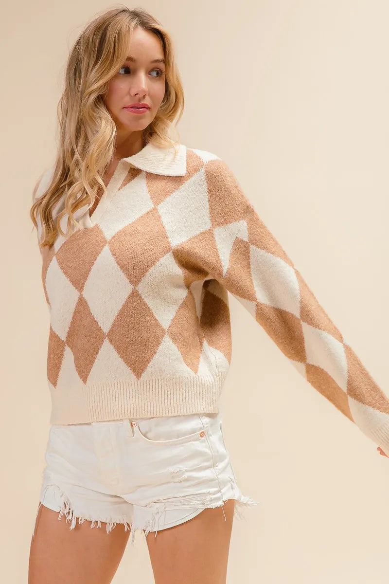 Oatmeal/Latte Bibi Diamond Pattern Collared Notch Neck Sweater
