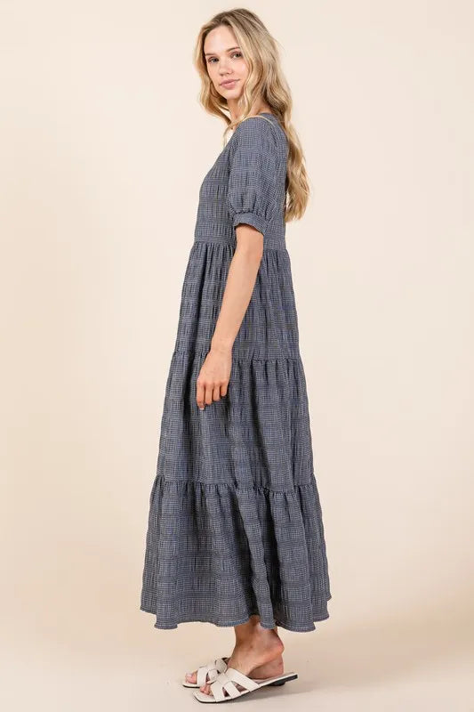 Charcoal Bombom Textured Short Sleeve Tiered Dress 1