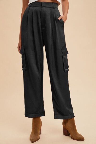 Black Annie Wear Wide Leg Cargo Satin Pants