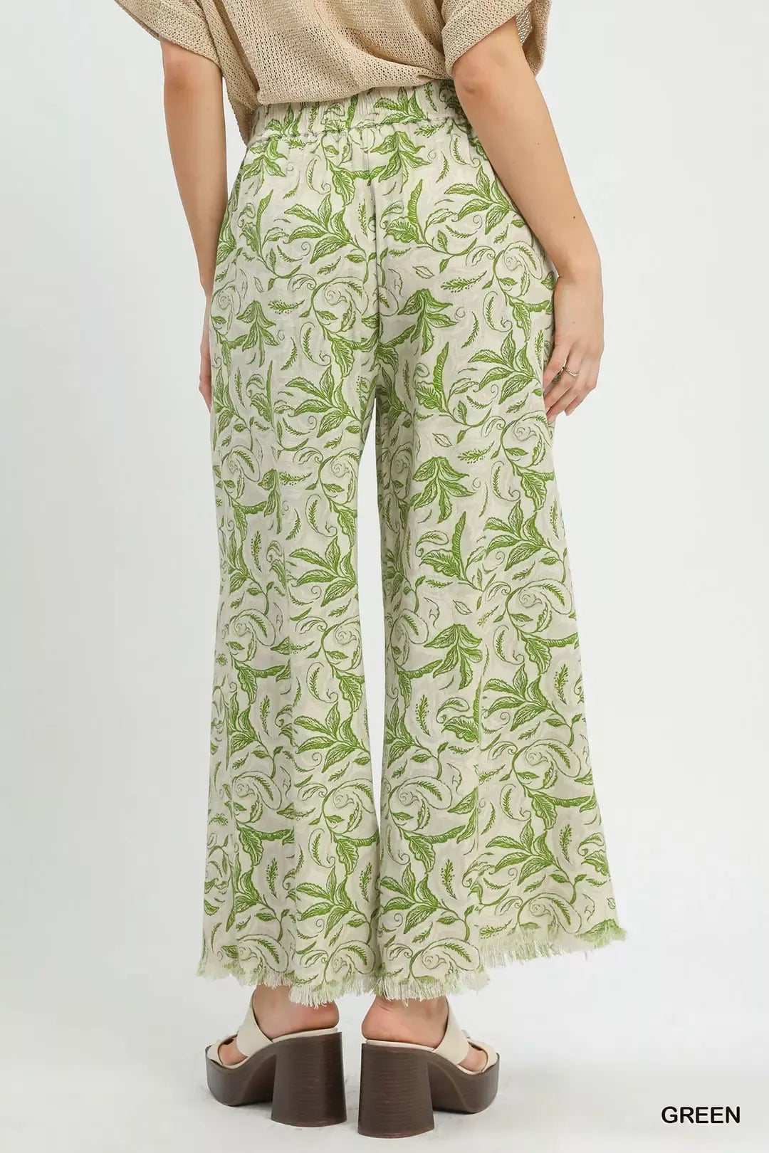Green Umgee Linen Printed Wide Leg Raw Hem Pants 1