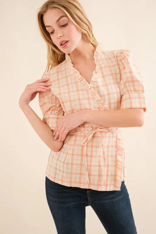 And The Why Plaid Patterned And Ruffled Wrap Blouse Top