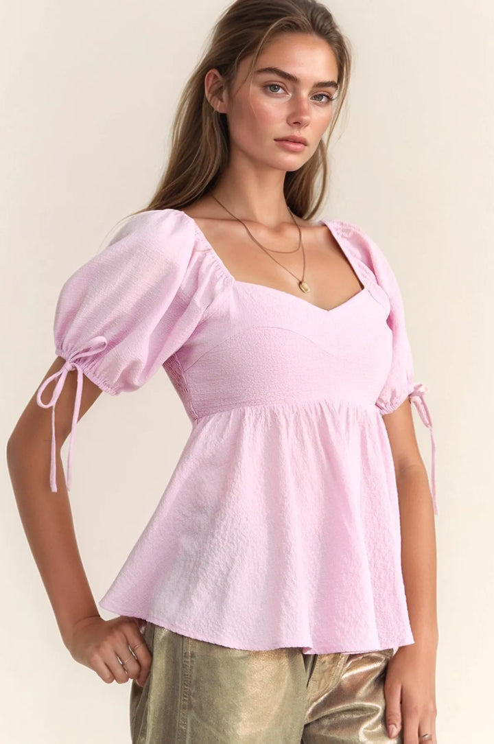 Davi Dani Solid Elastic Peplum Puffed Sleeves Blouse
