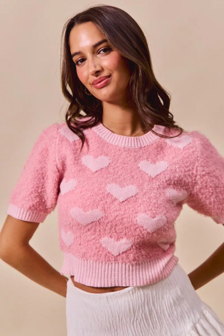 Pink/Blush So Me All Over Heart Valentine Cropped Sweater