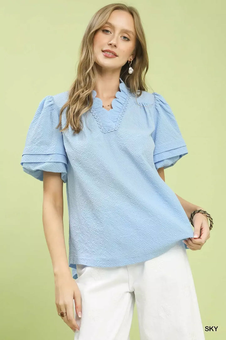 Sky Umgee Textured Scallop Trim Puff Sleeve Blouse 1