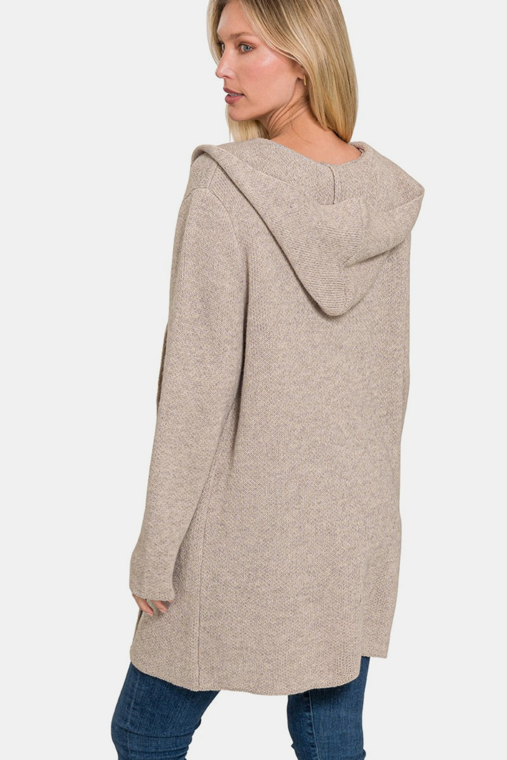 H Mocha Zenana Hooded Open Front Sweater Cardigan 1