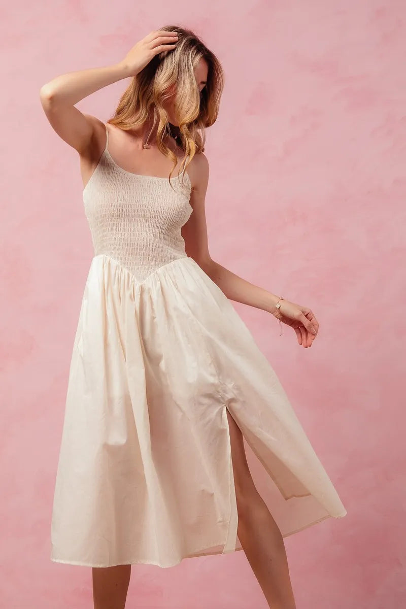 Cream So Me Smocked Sleeveless Casual Everyday Dress With Slit 1