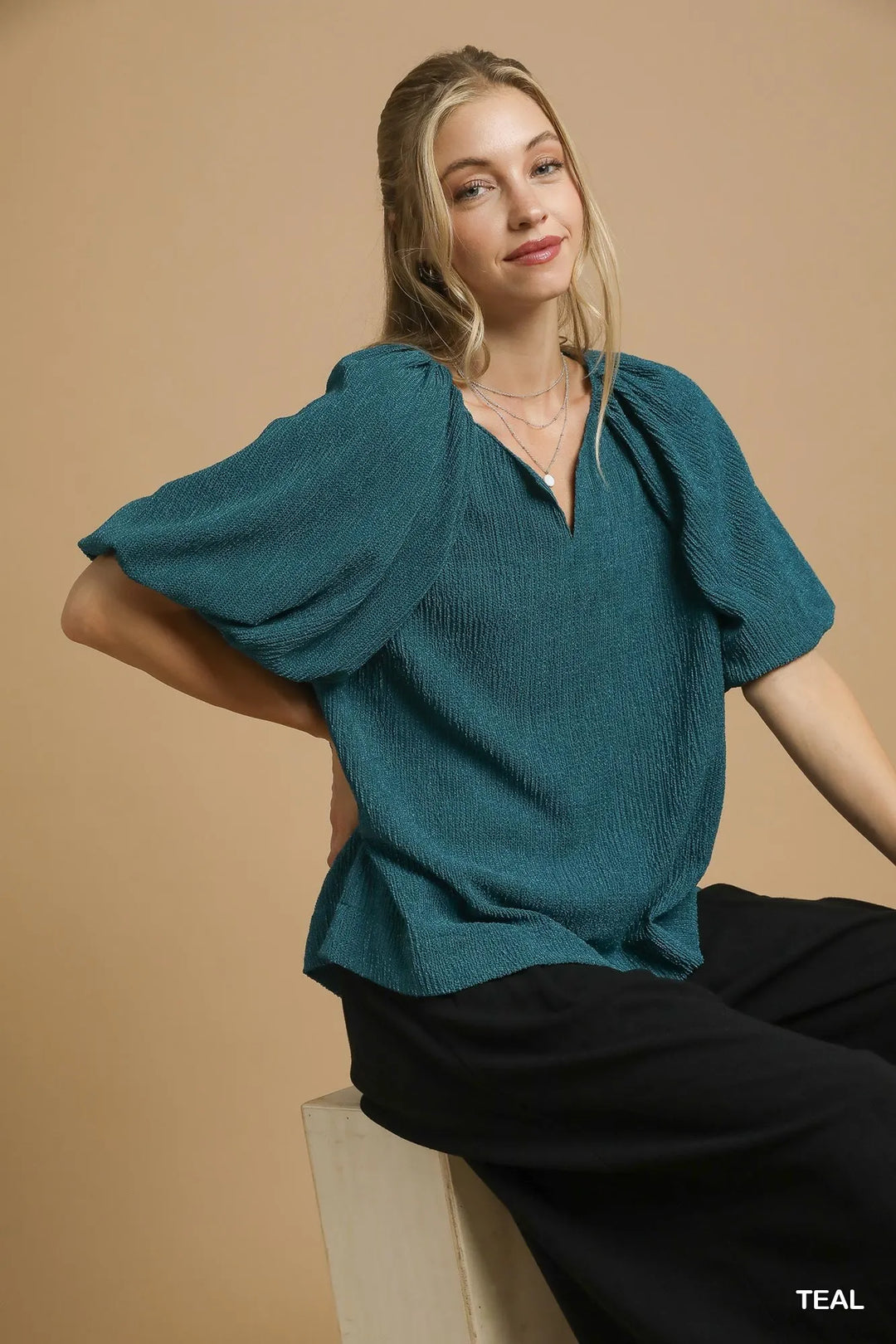 Teal Umgee Textured Flutter Sleeve Notch Neck Top 1