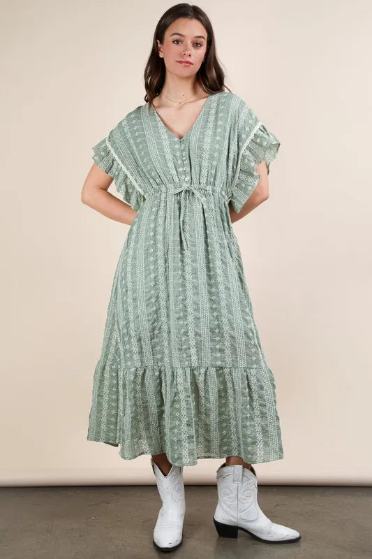 Sage Very J Embroidered Boho Ruffled Midi Dress 1