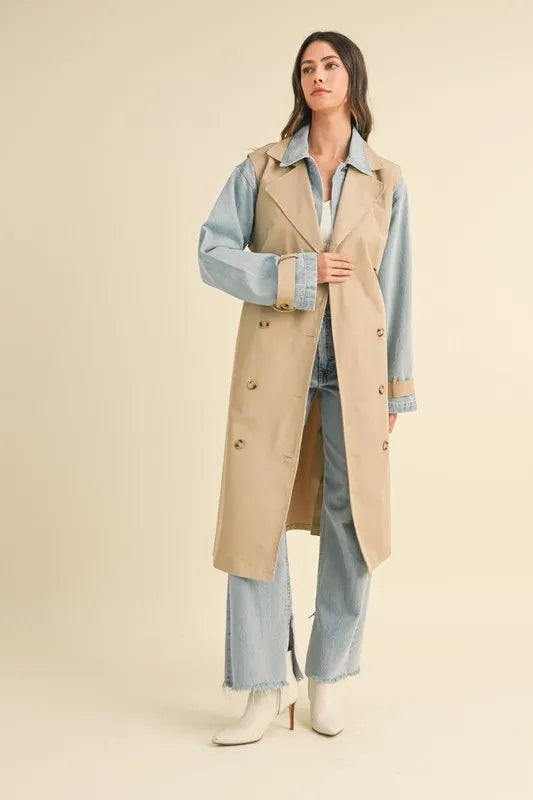 Taupe Mable Layered Look Trench Coat With Denim Jacket