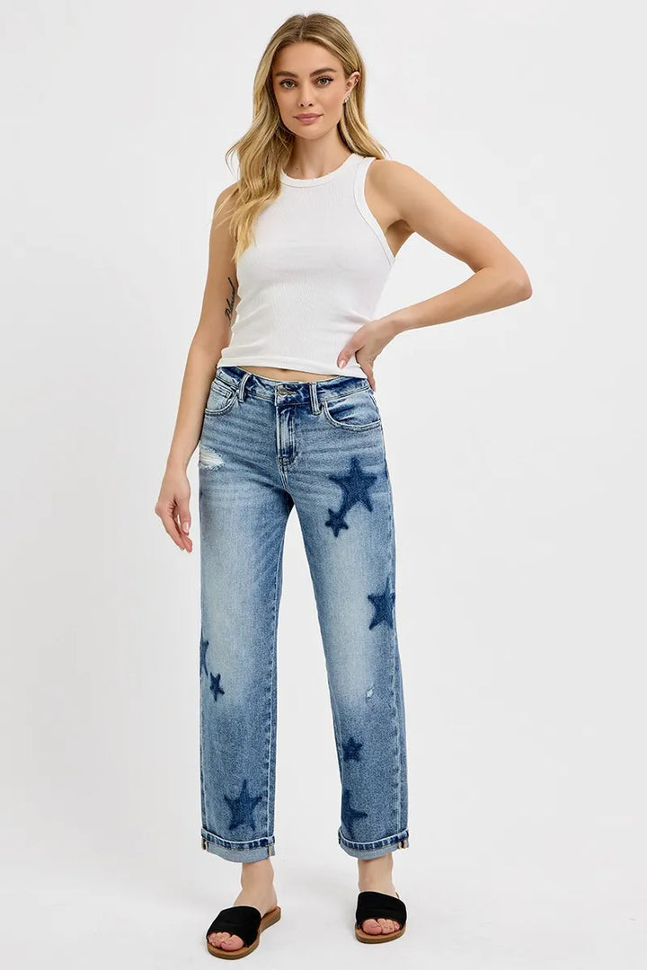 Medium Risen Full Size Mid Rise Boyfriend Star Shadow Detail Cuffed Jeans Plus Size