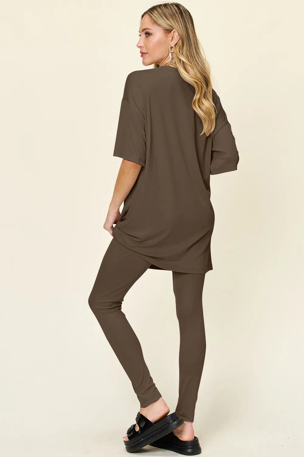 Black Double Take Full Size Round Neck Dropped Shoulder T Shirt And Leggings Set