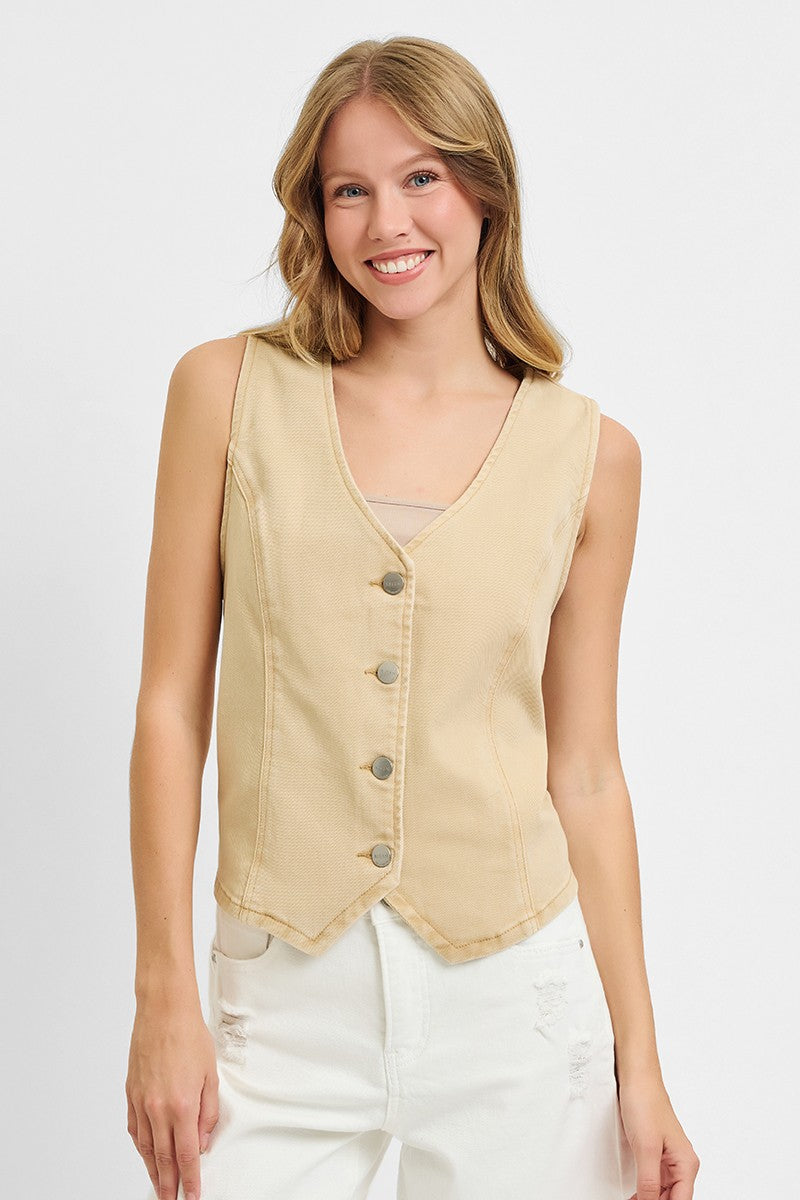 Latte Risen Full Size V Neck Button Down Vest Plus Size