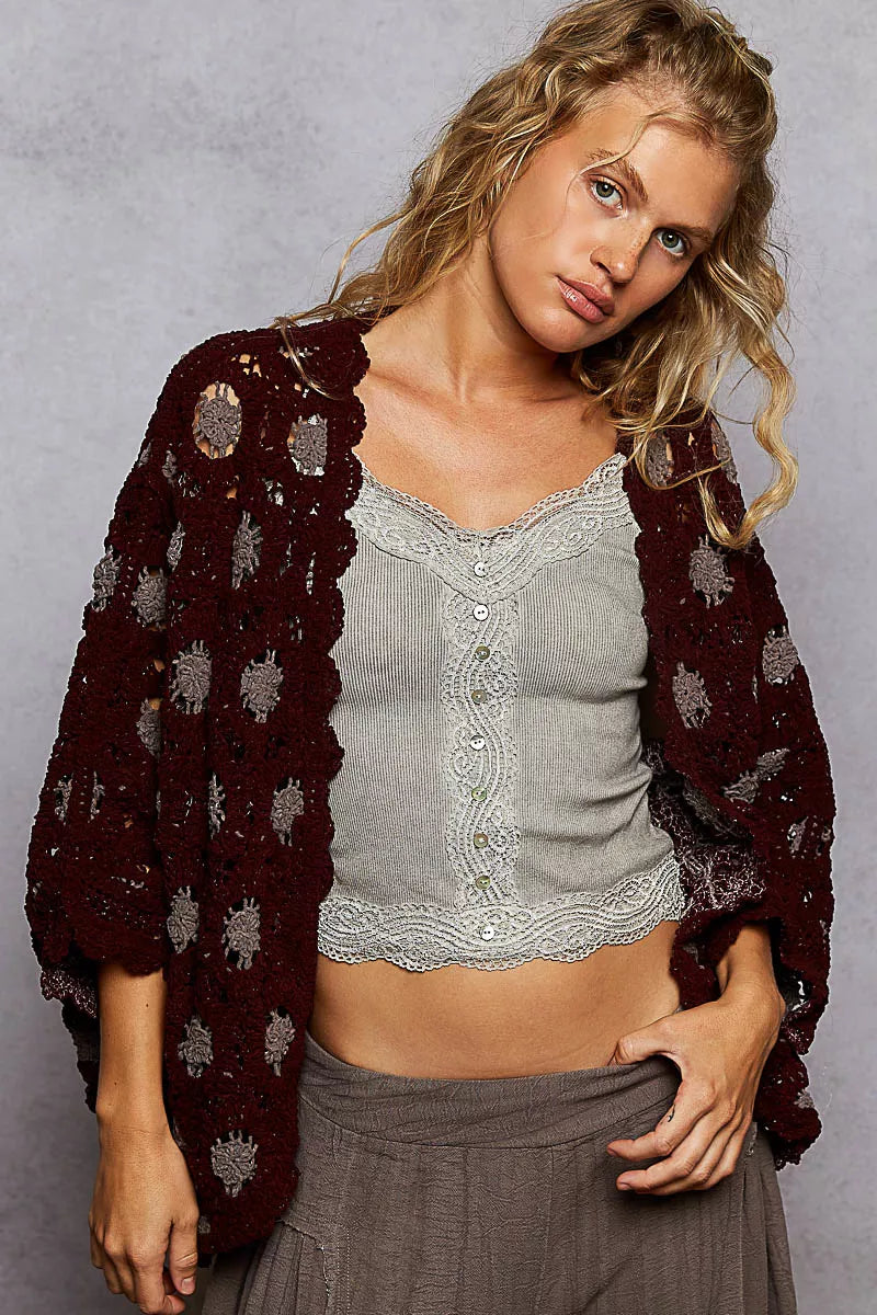 Pol Openwork V Neck Chenille Cardigan With Contrast Floral 2