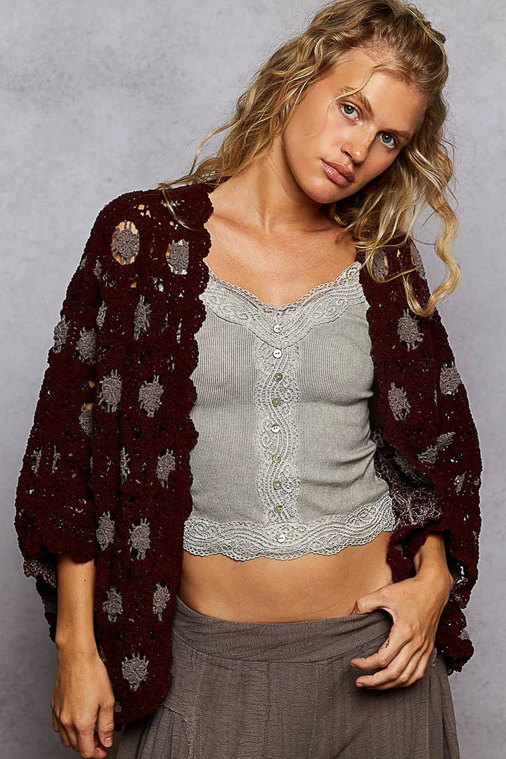 Pol Openwork V Neck Chenille Cardigan With Contrast Floral 2