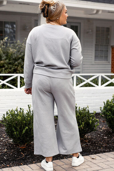 Brown Double Take Full Size Textured Long Sleeve Top And Drawstring Pants Set