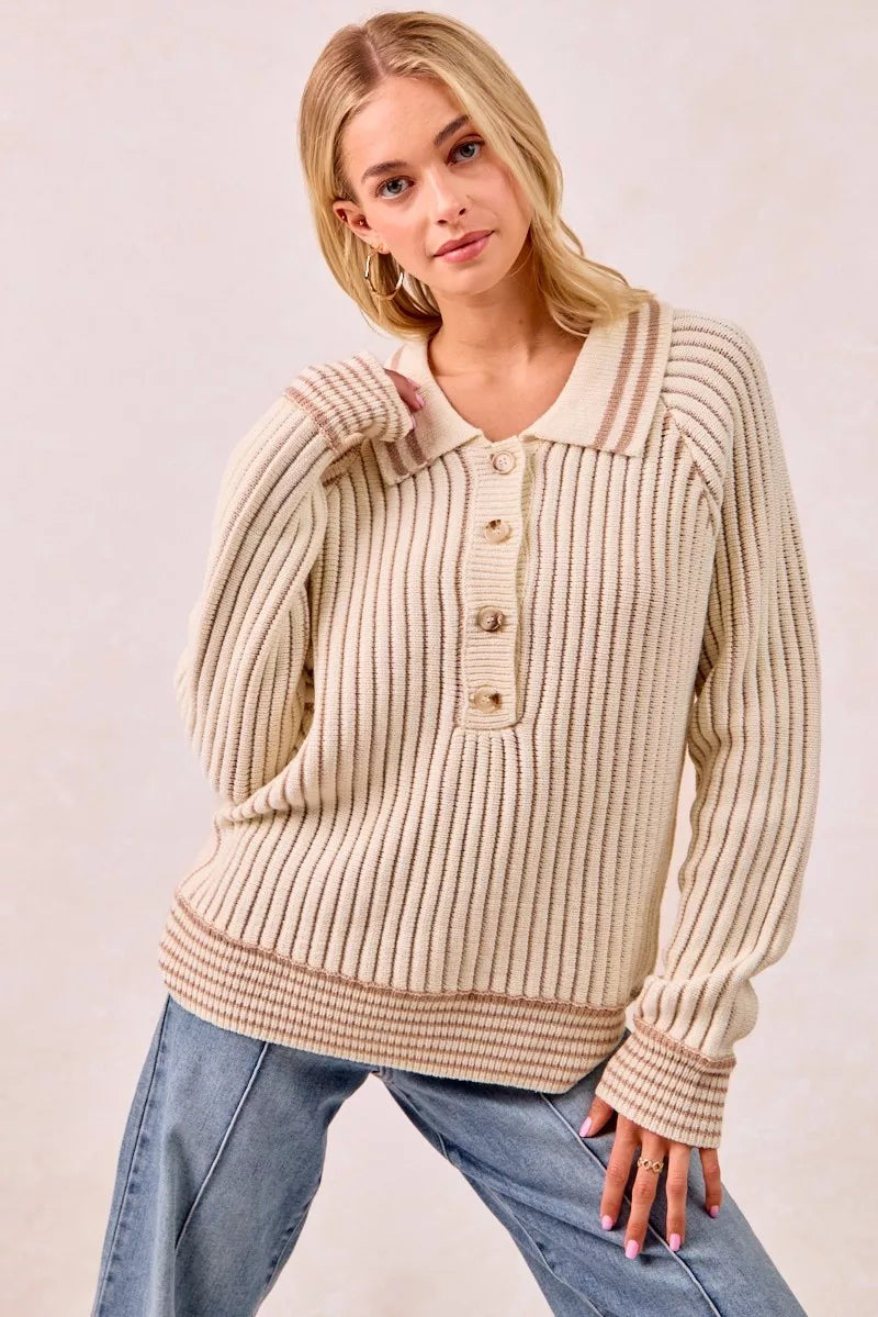 Cream/Latte Bibi Half Button Ribbed Two Tone Sweater