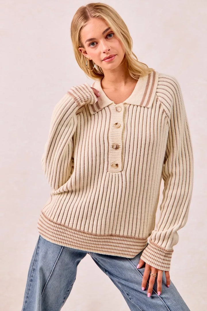 Cream/Latte Bibi Half Button Ribbed Two Tone Sweater