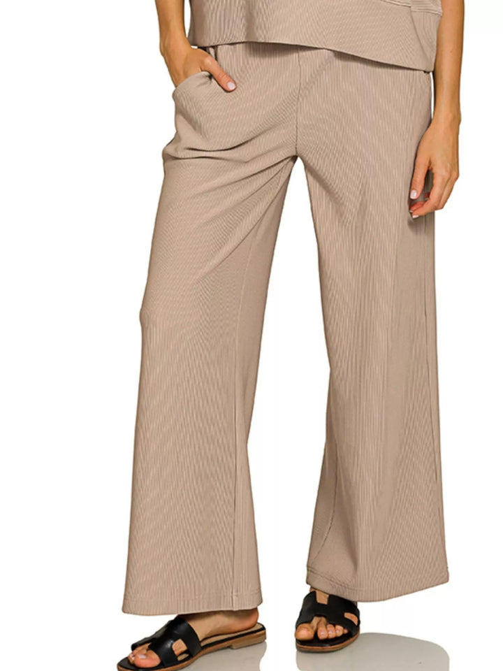 Ash Mocha Zenana Ribbed Round Neck Tee Pants Set