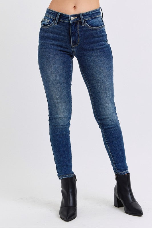 Dark Judy Blue Full Size Run Mid Rise Waist Skinny Jeans With Thermal Lining