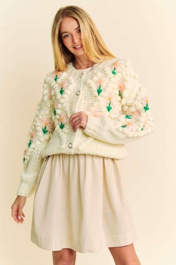 Cream Davi Dani Floral Pattern Button Down Cardigan