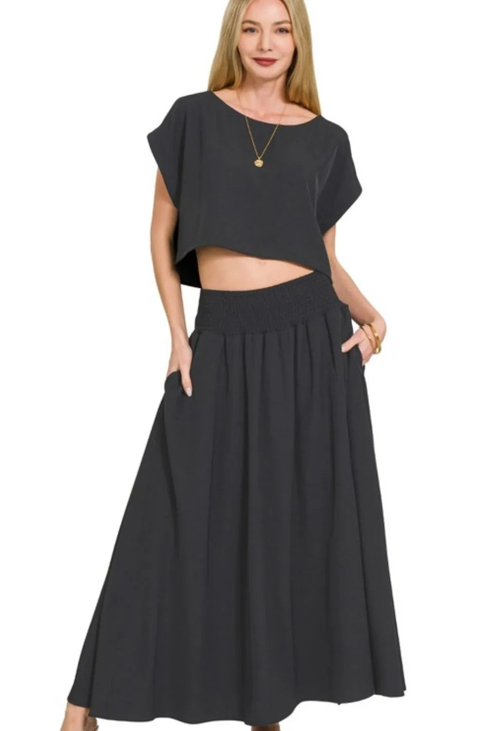 Black Zenana Heavy Woven Span Crop Tee Skirt Set 3