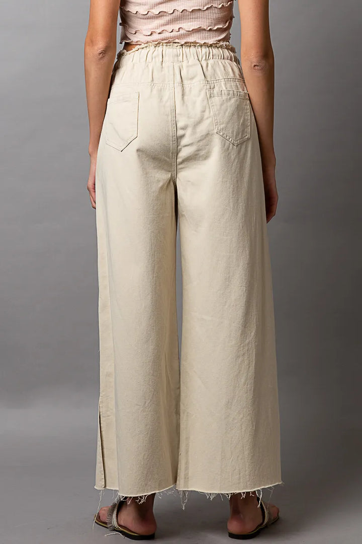 Cream Pol Distressed Drawstring Slit Wide Leg Pants