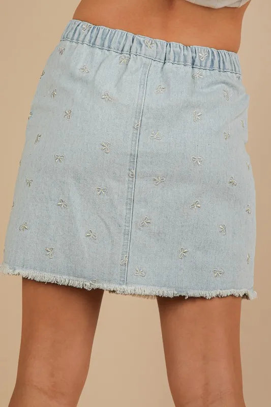 Lt Indigo Very J Bow Printed Casual Denim Mini Skirt 1