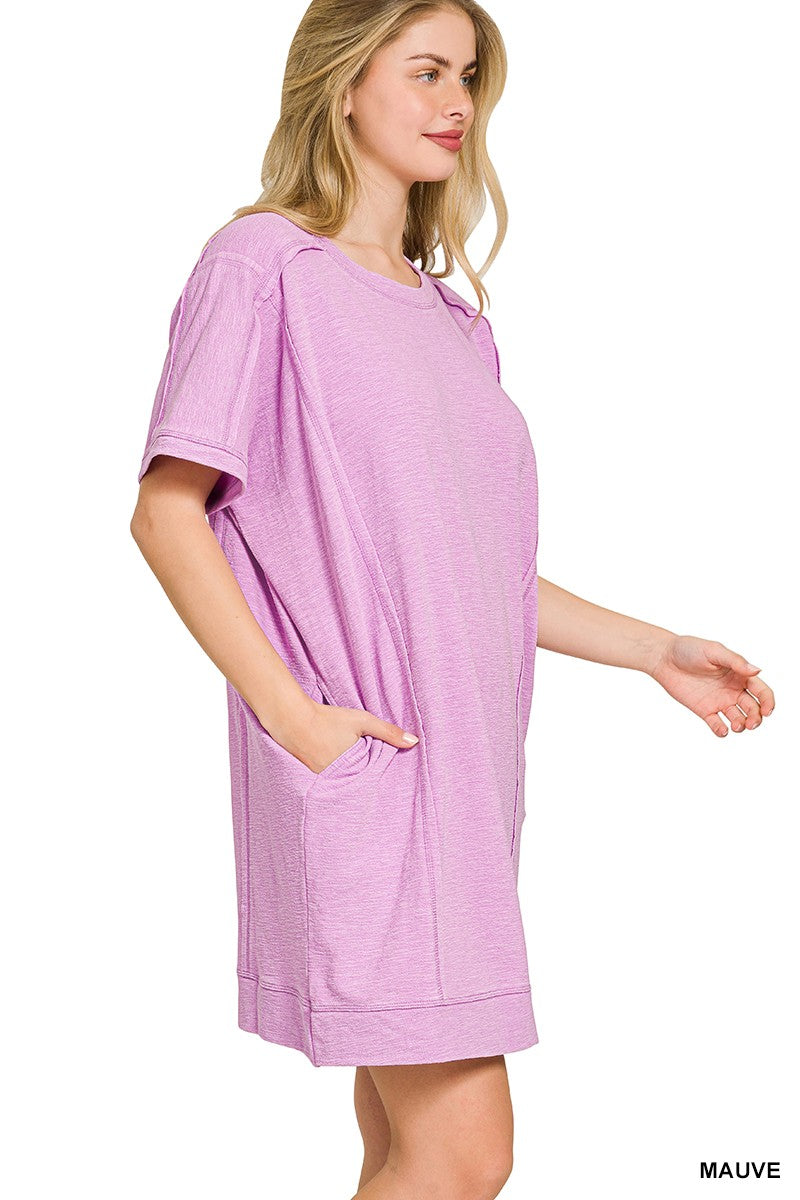 Mauve Zenana Washed Slub Short Sleeve Dress With Pockets