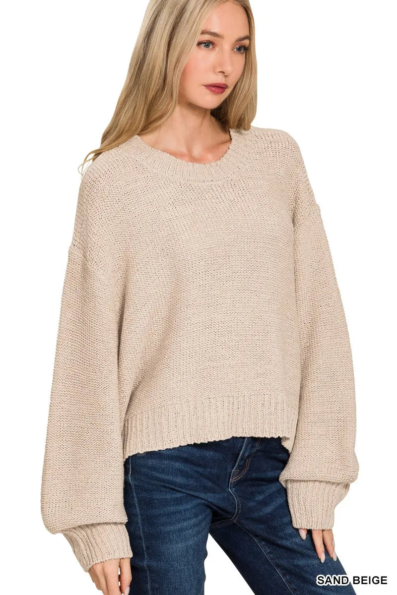 Sand Beige Zenana Oversized Baloon Sleeve Sweater