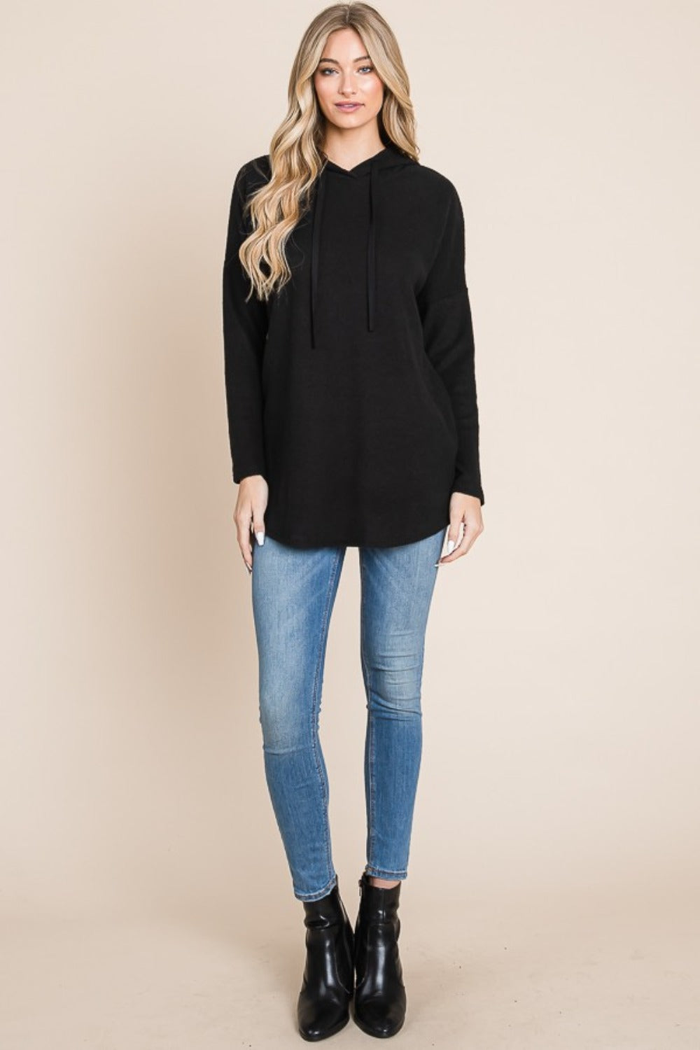 Bombom Contrast Drawstring Drop Shoulder Knit Hoodie