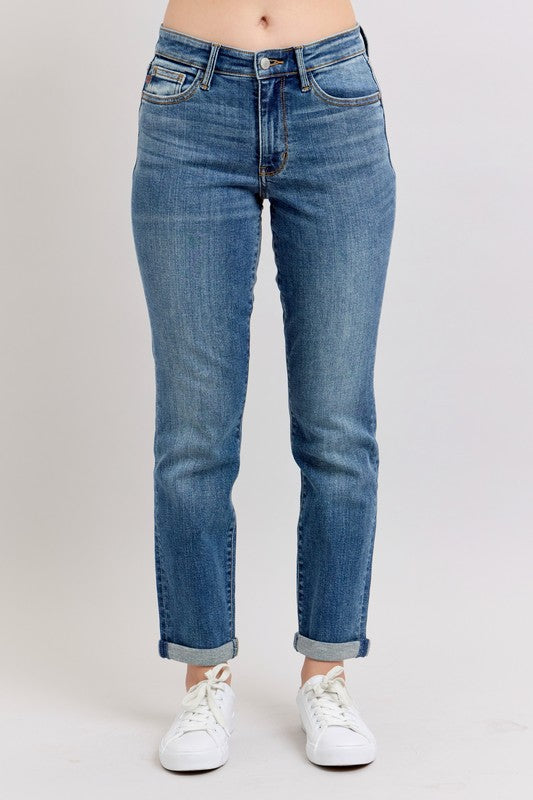 Dark Judy Blue Full Size Mid Rise Skinny Cuff Jeans With Pockets Plus Size