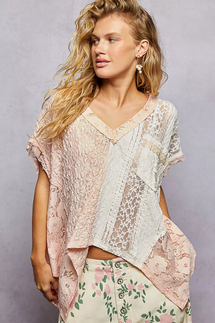 Blush Pol Asymmetrical V Neck Short Sleeve Lace Top
