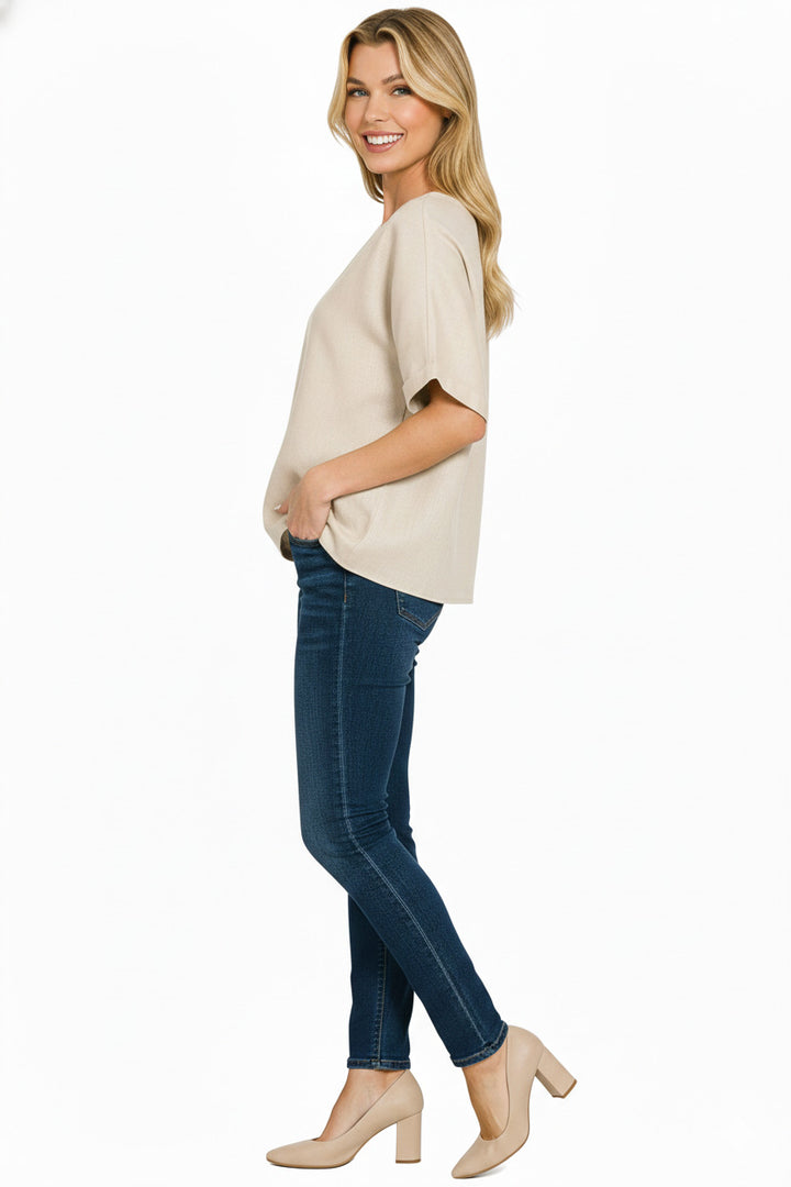 Sand Beige Zenana Linen Round Neck Cuffed Sleeve Top 6