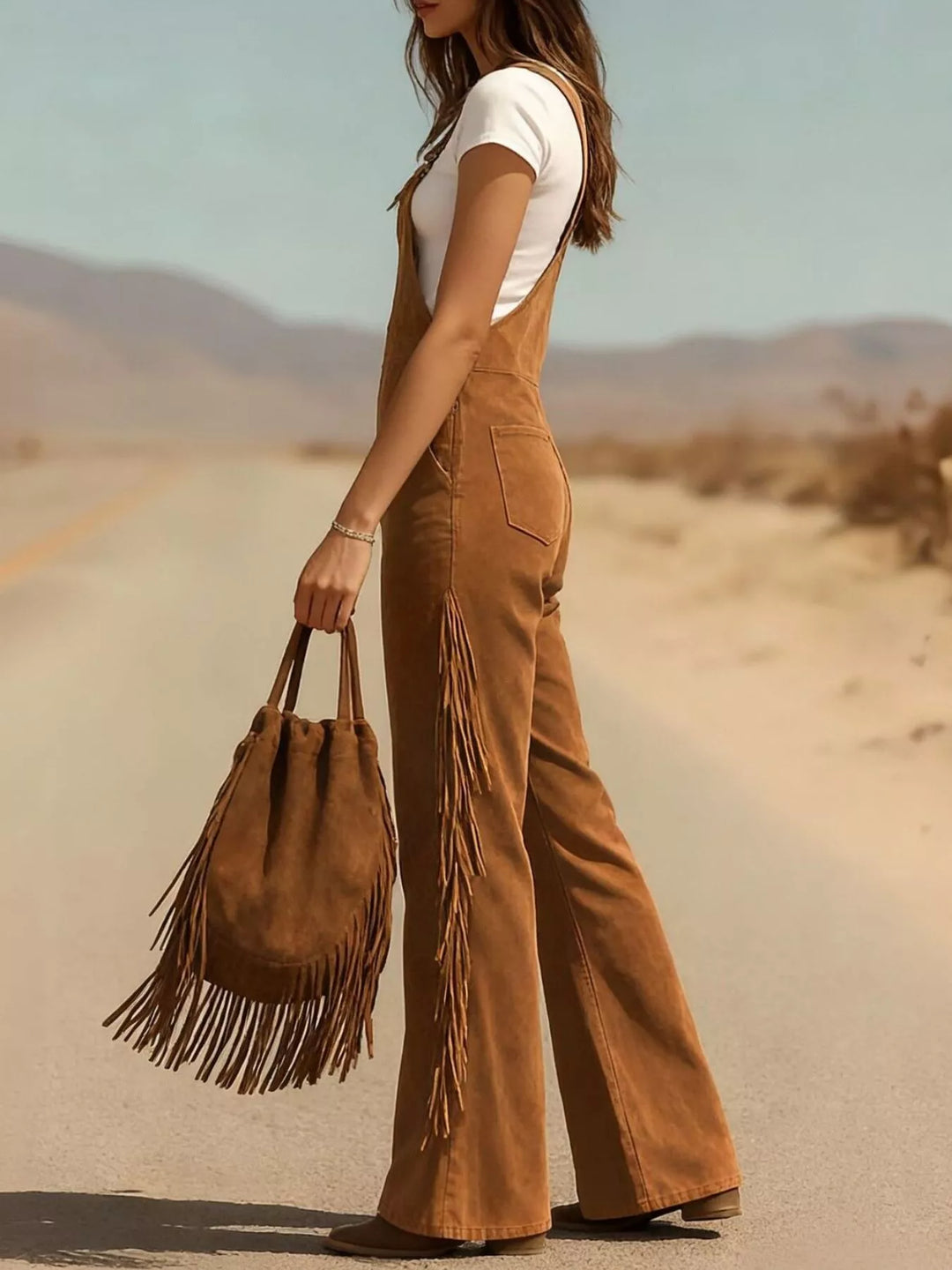 Caramel Brown Fringe Corduroy Button Front Overalls