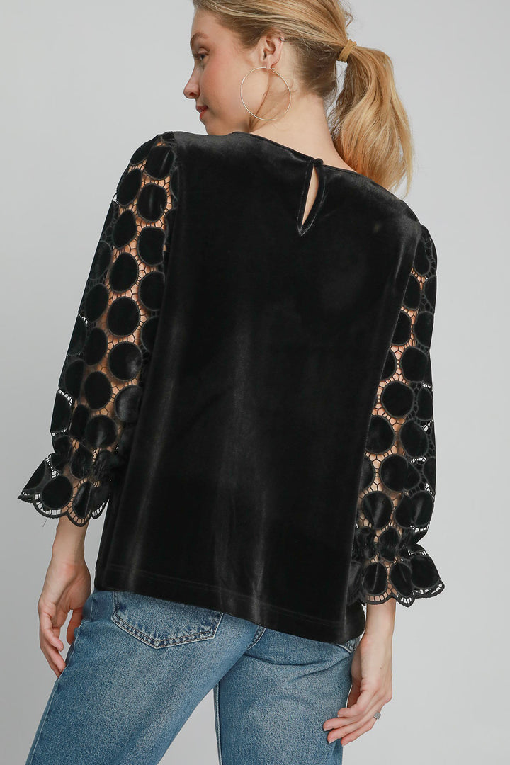 Black Umgee Polka Dot Lace Long Sleeve Round Neck Blouse