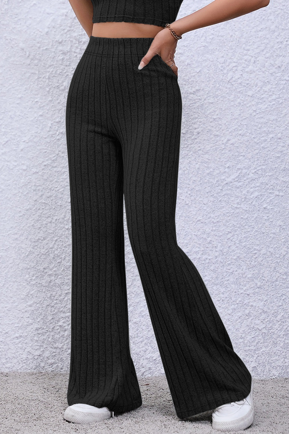 Dark Blue Basic Bae Full Size Ribbed High Waist Flare Pants