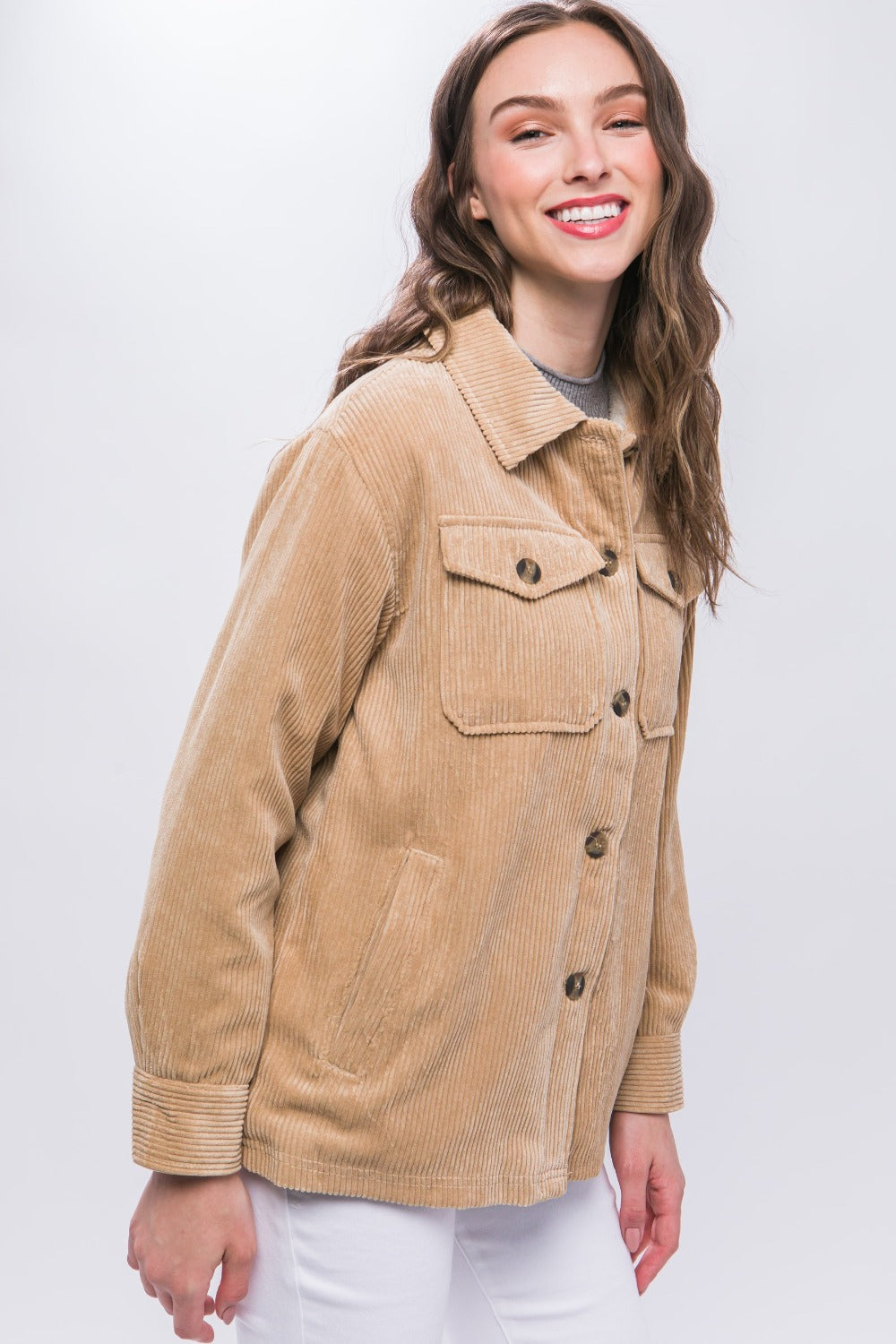 Beige Love Tree Corduroy Button Up Jacket With Sherpa Inside 2