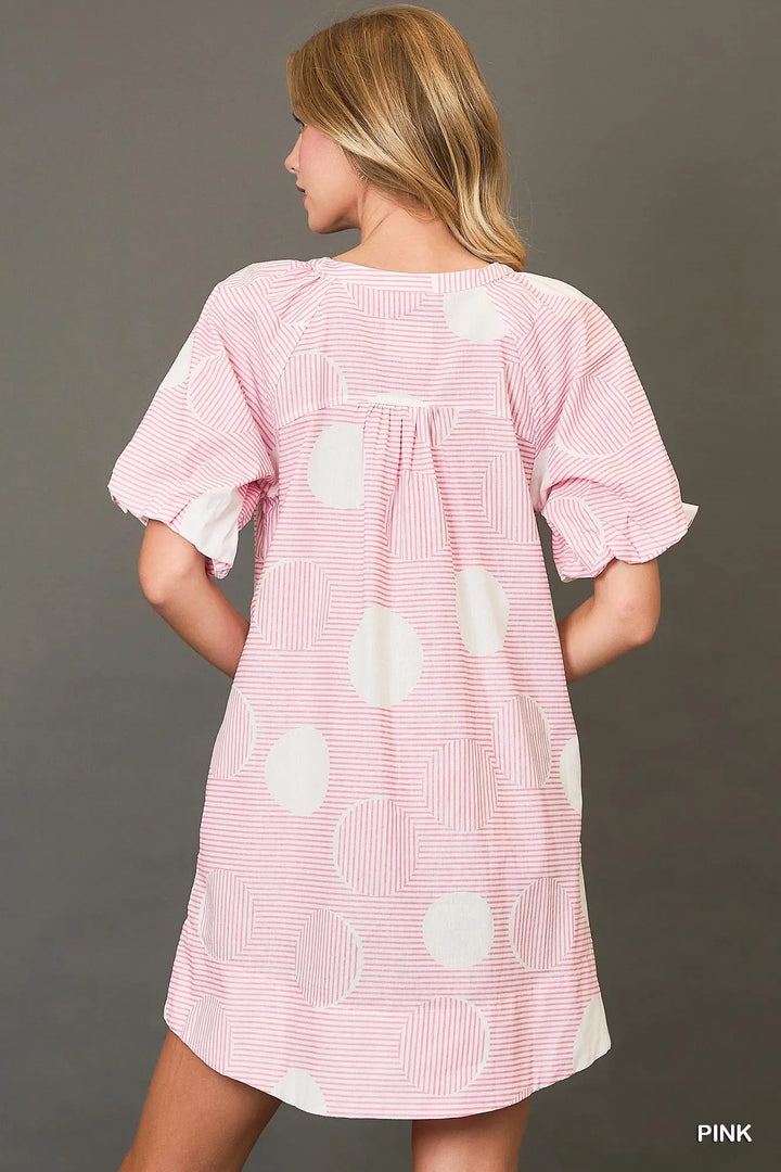 Umgee Stripe And Dot Print Button Down Puff Sleeve Mini Dress