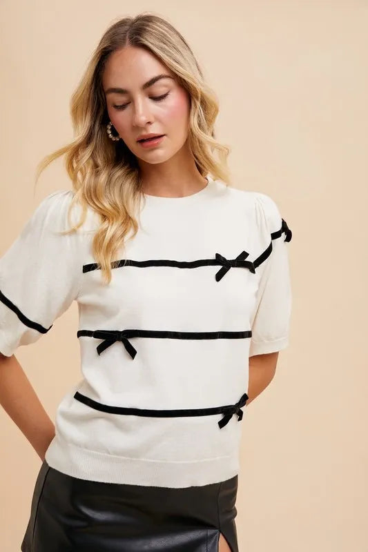 White Annie Wear Striped Bow Round Neck Knit Top