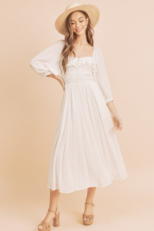 White Aemi Co Ruffled Smocked Square Neck Balloon Sleeve Dress