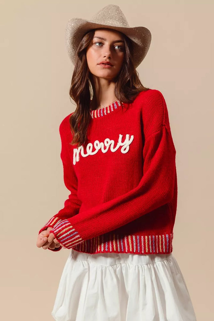 Red/Ivory So Me Merry Lettering Embroidered Christmas Sweater