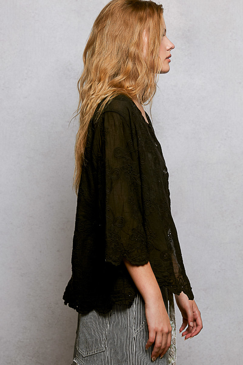 Pol Floral Eyelet V Neck Salloped Shirt