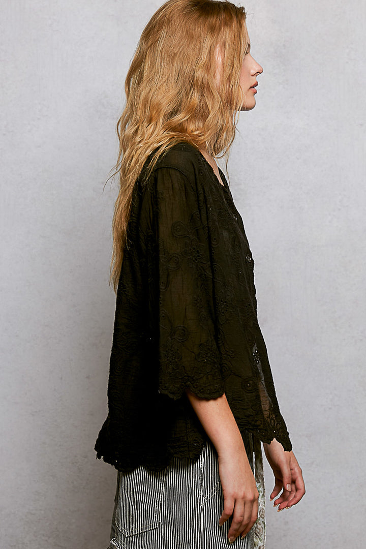 Pol Floral Eyelet V Neck Salloped Shirt